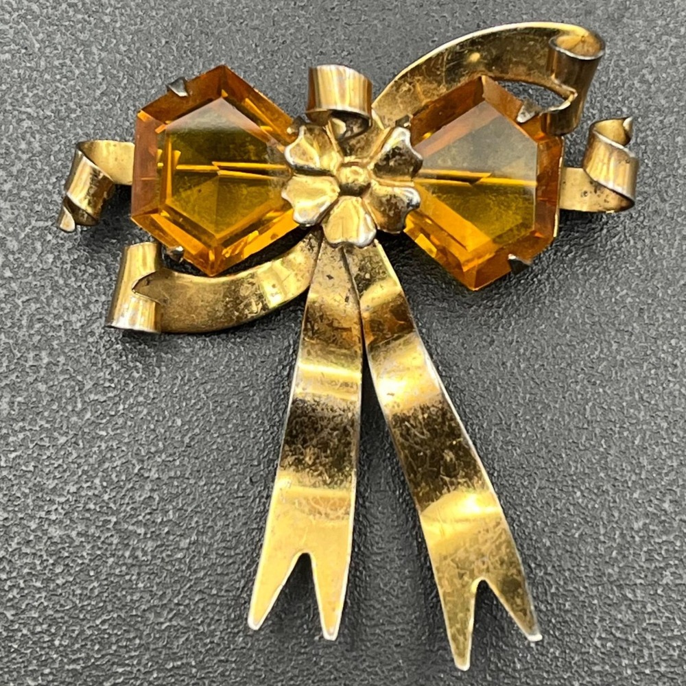 Retro 1940s Sterling Vermeil Bow Brooch Citrine Glass